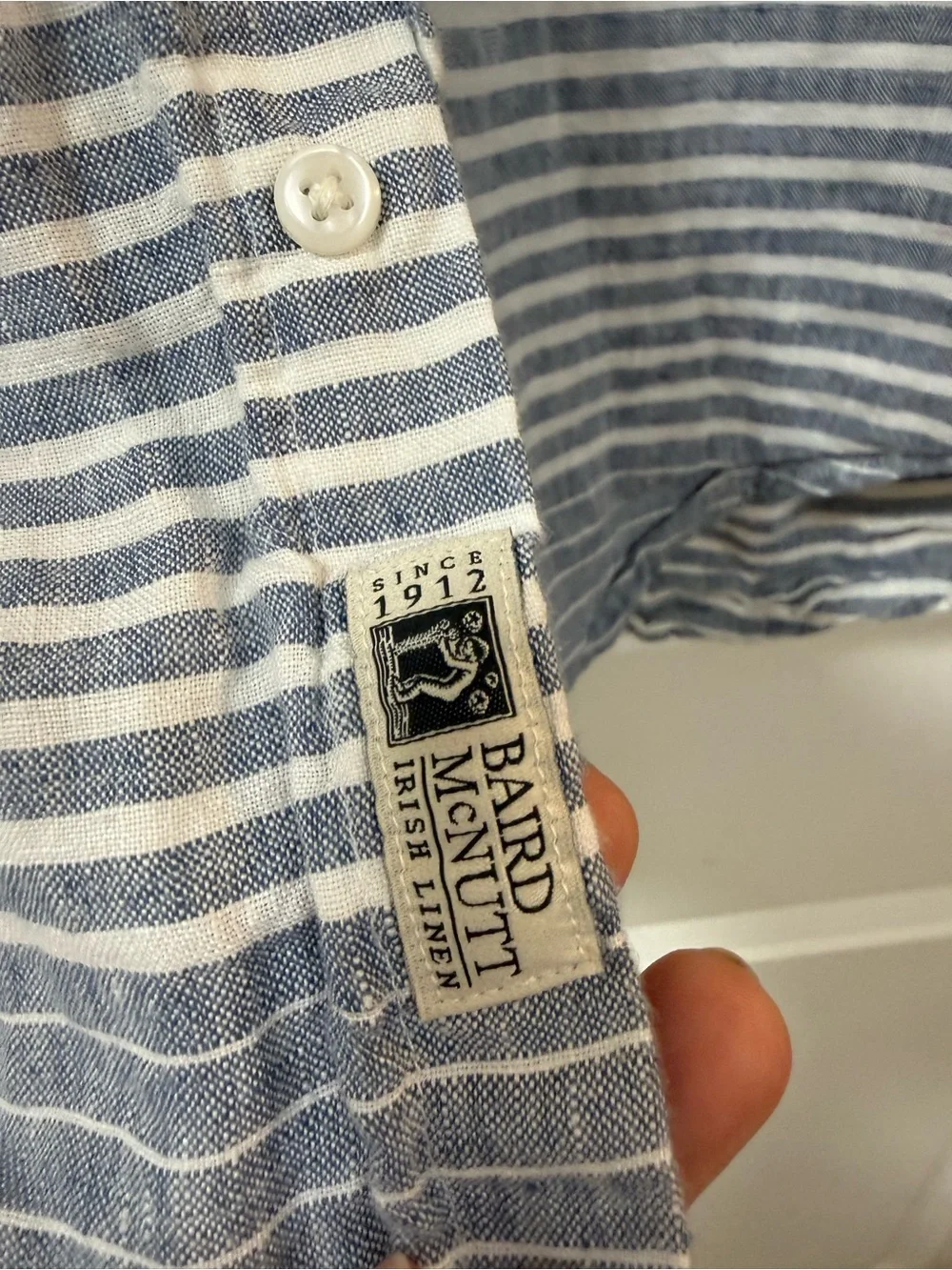 J.Crew Irish linen shirt men’s LARGE blue stripe Baird McNutt button up classic